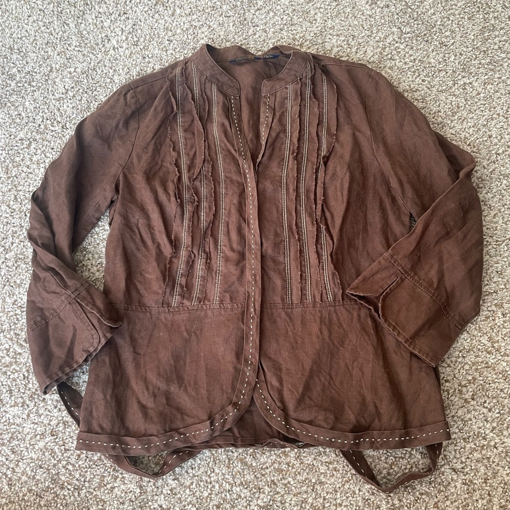 Ecologie Linen Bohemian Tie Back‎ Bell Sleeve Top Brown Small